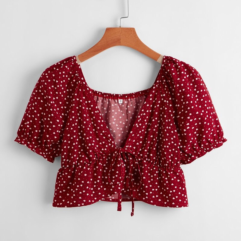 

Heart Print Tie Front Top, Burgundy