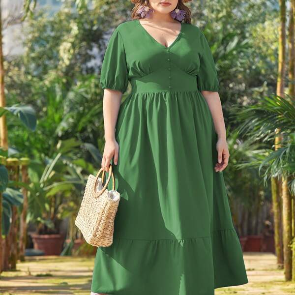 

Plus Wide Waistband Ruffle Hem Maxi Dress, Green
