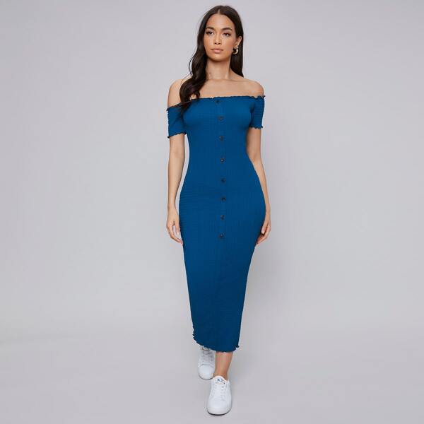 

Off Shoulder Lettuce Trim Buttoned Front Dress, Blue