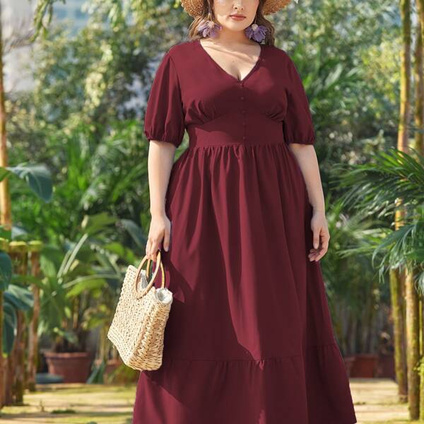 

Plus Wide Waistband Ruffle Hem Maxi Dress, Maroon