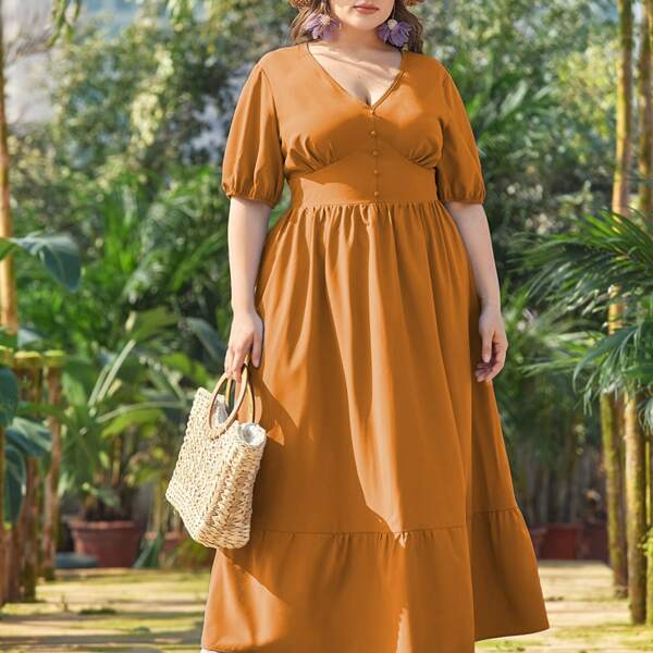 

Plus Wide Waistband Ruffle Hem Maxi Dress, Brown