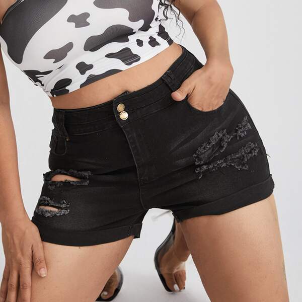 

Plus Button Fly Roll Hem Ripped Denim Shorts, Black