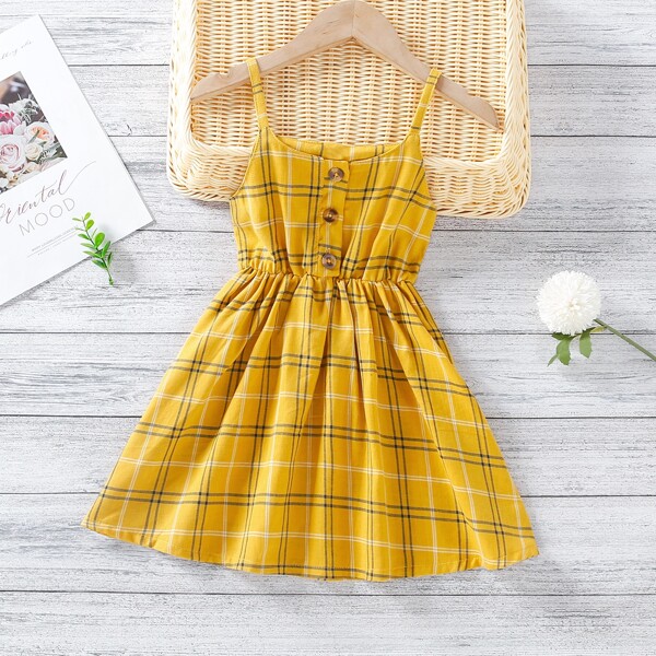 

Toddler Girls Plaid Half Button Swing Cami Dress, Yellow