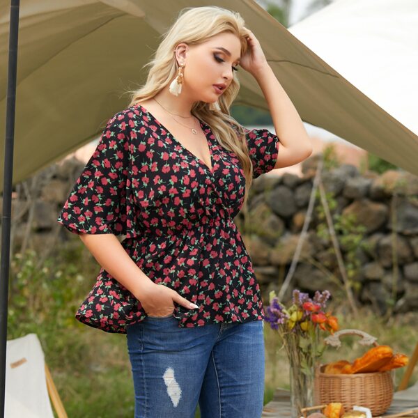 

Plus Floral Surplice Neck Peplum Blouse, Multicolor