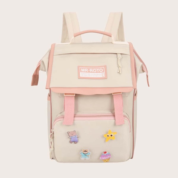 

Cartoon Decor Pocket Front Backpack, Pink