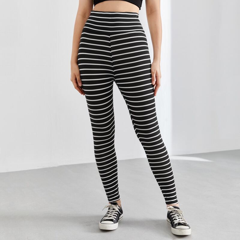 

Striped High Waist Leggings, Black and white