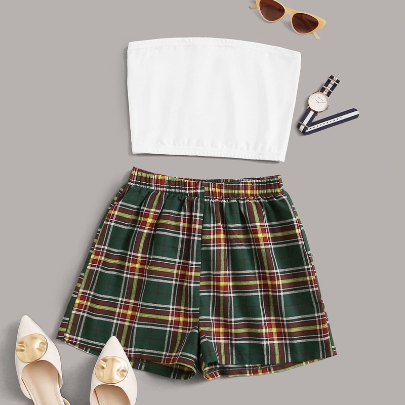 

Solid Crop Tube Top & Plaid Shorts, Multicolor