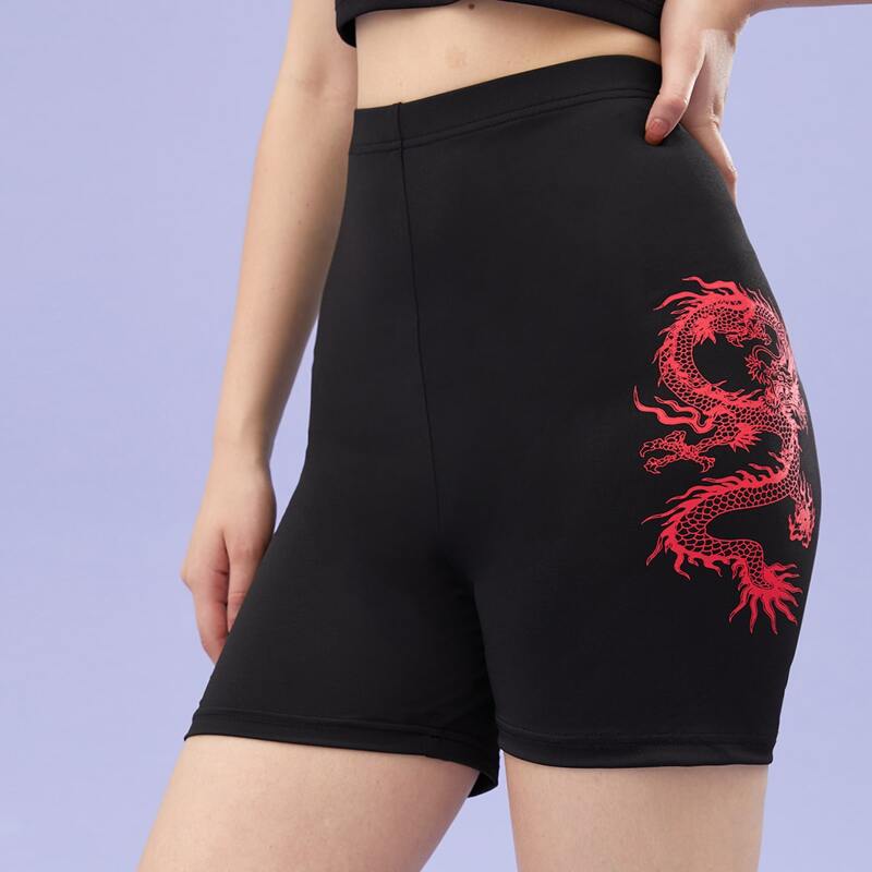 

Chinese Dragon Graphic Biker Shorts, Black