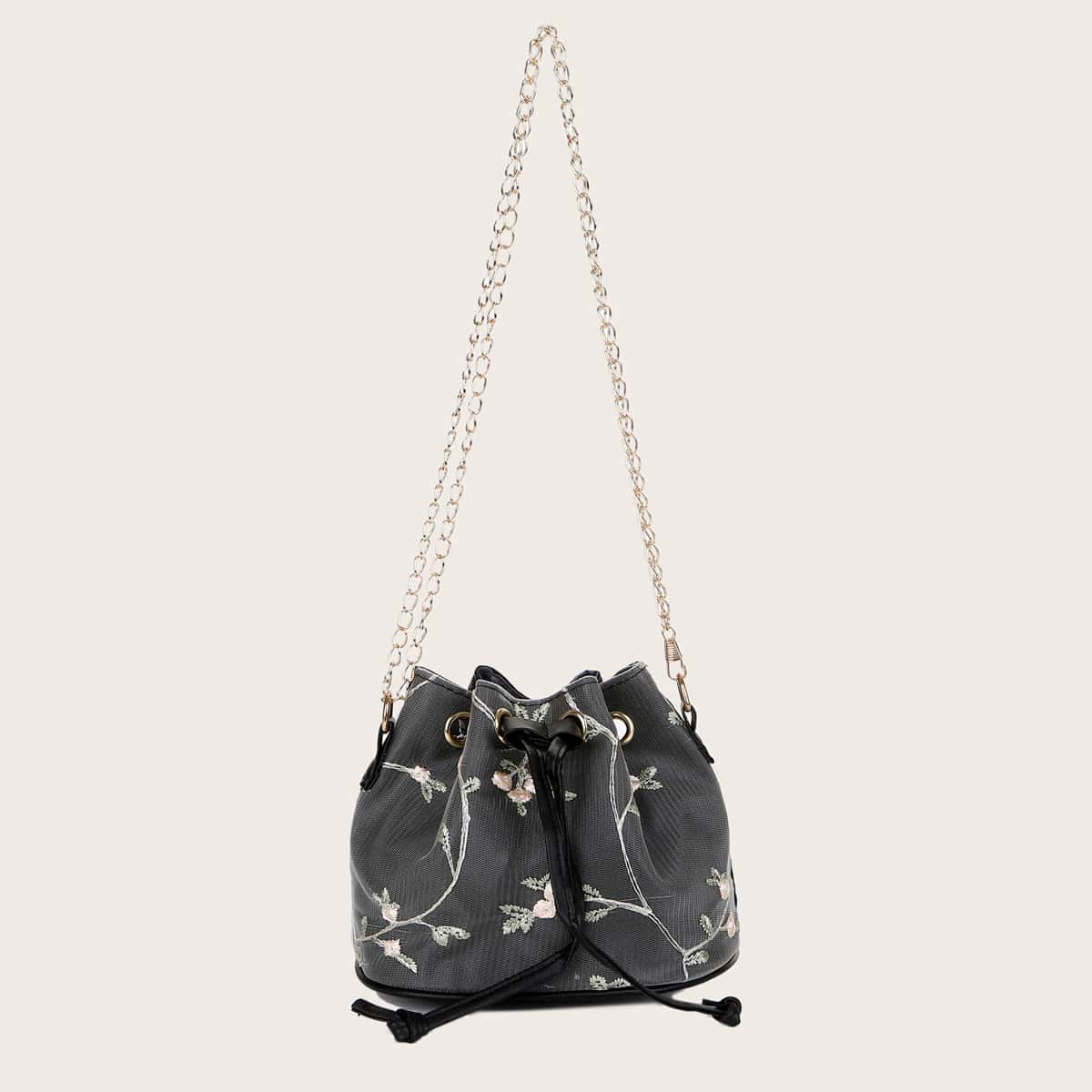 

Floral Embroidery Drawstring Bucket Bag, Black