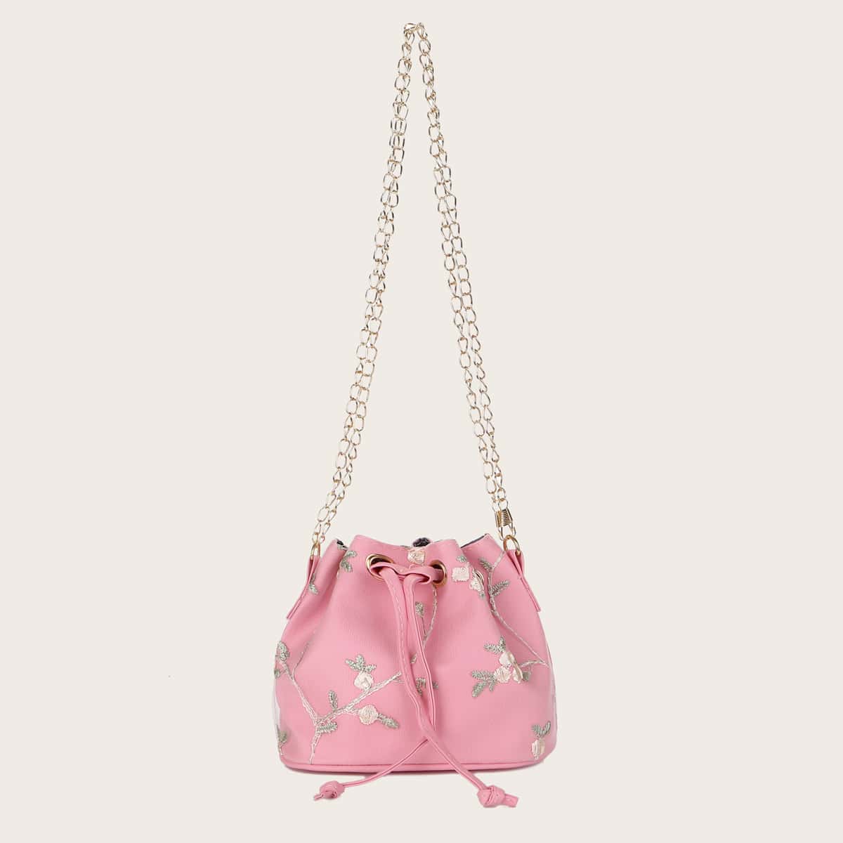 

Floral Embroidery Drawstring Bucket Bag, Pink