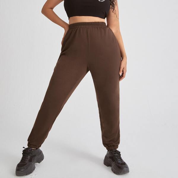 

Plus Solid High Waist Sweatpants, Chocolate brown
