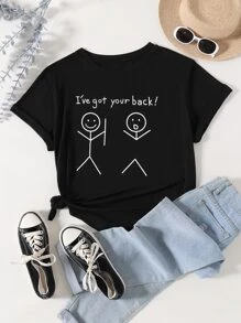 SHEIN LUNE 加上卡通和口号图案 T 恤我支持你 - 黑色 - 查看 1