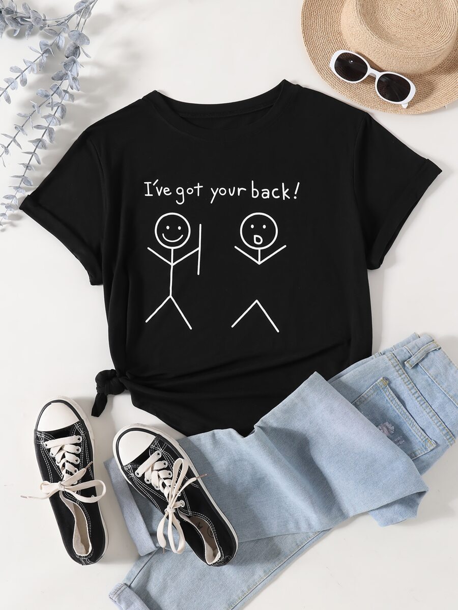 SHEIN LUNE 加上卡通和口号图案 T 恤我支持你 - 黑色 - 查看 1