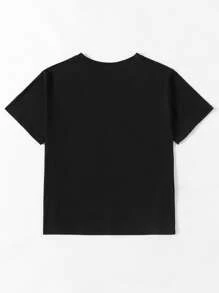 SHEIN LUNE 加上卡通和口号图案 T 恤我支持你 - 黑色 - 查看 2