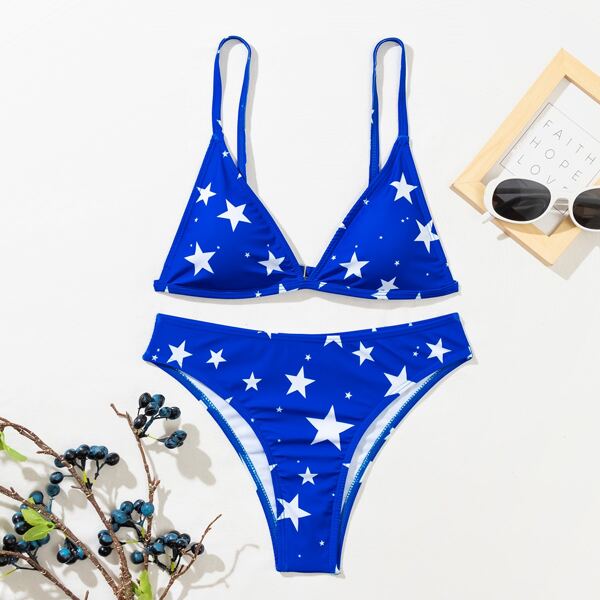 

Star Print Triangle Bikini Swimsuit, Royal blue
