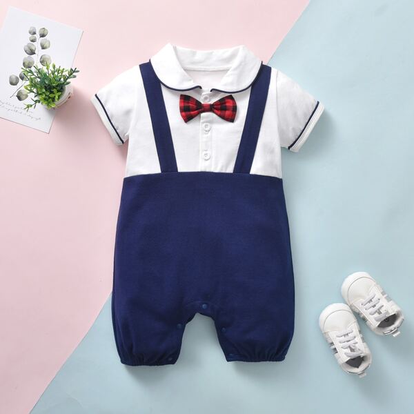 

Baby Boy 2 In 1 Colorblock Bow Detail Romper, Blue and white