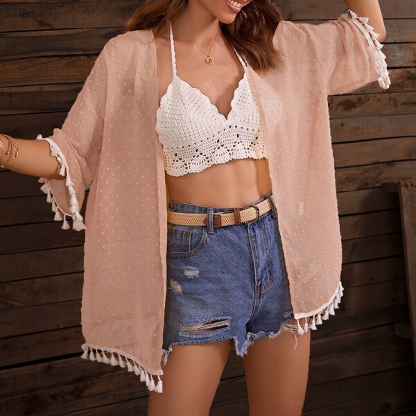 

Swiss Dot Tassel Hem Kimono, Dusty pink