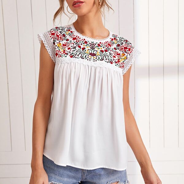 

Guipure Lace Trim Floral Print Top, White