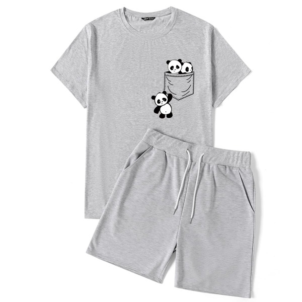 

Men Panda Print Drawstring Lounge Set, Light grey
