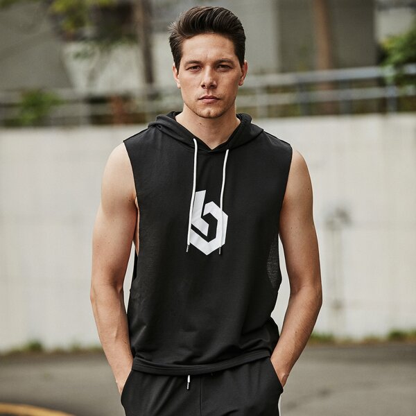 

Men Graphic Print Drawstring Hooded Muscle Tank, Black