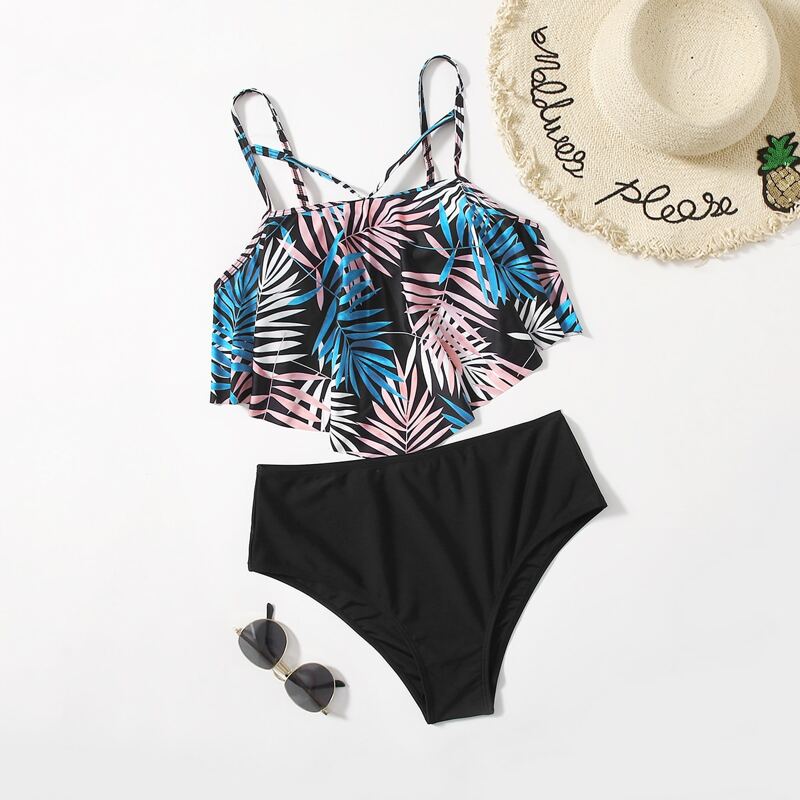 

Tropical Print Ruffle Bikini Swimsuit, Multicolor
