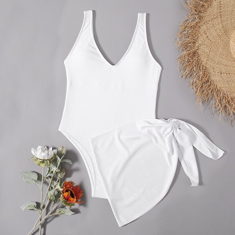

Plain Rib One Piece Swimsuit With Beach Skirt, White