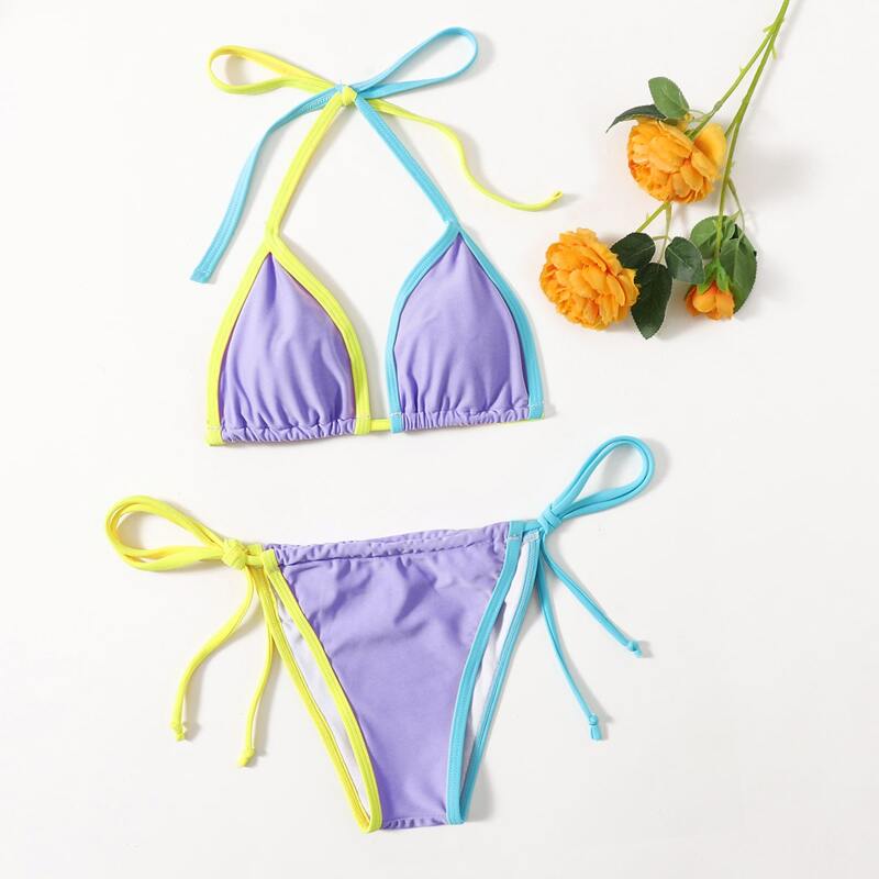 

Contrast Binding Tie Side Bikini Swimsuit, Purple