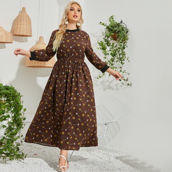 

Plus Allover Floral A-line Dress, Coffee brown