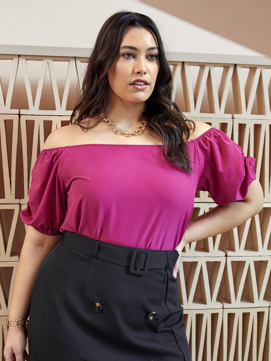 SHEIN Plus Off Shoulder Puff Sleeve Top - Red Violet - View 1
