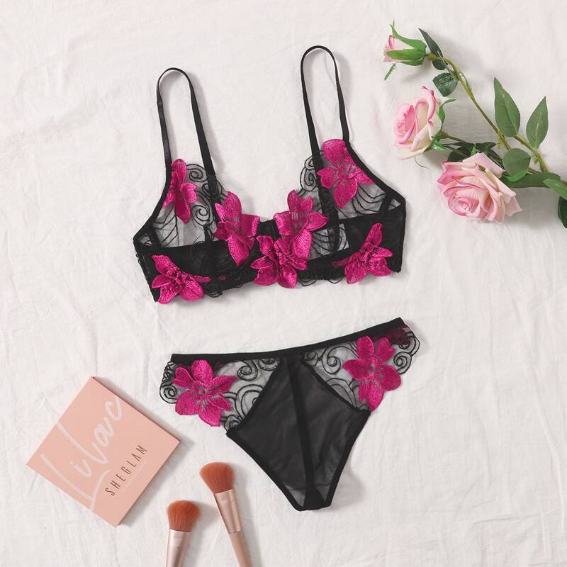 

Embroidered Mesh Underwire Lingerie Set, Multicolor