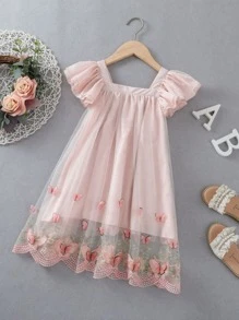 小女童蝴蝶刺繡網紗覆蓋洋裝 - 淺粉色 - 查看 1