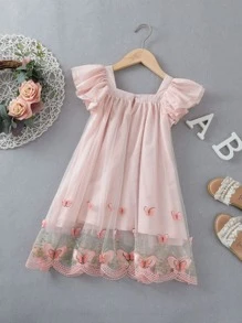 小女童蝴蝶刺繡網紗覆蓋洋裝 - 淺粉色 - 查看 2