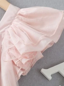 小女童蝴蝶刺繡網紗覆蓋洋裝 - 淺粉色 - 查看 6