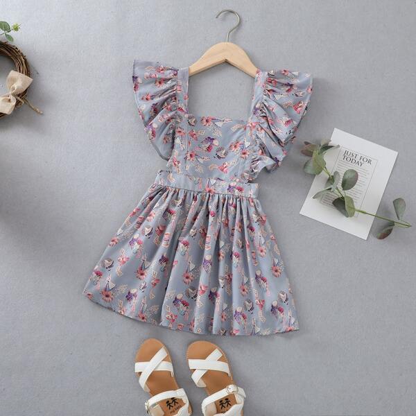 

Toddler Girls Floral Print Ruffle Trim Overall Dress, Multicolor