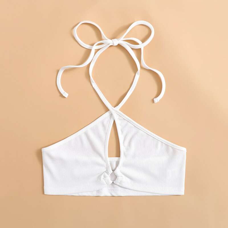 

Solid Cut Out Halter Top, White