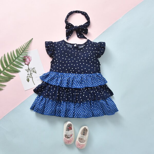 

Baby Girl Polka Dot Layered Hem Dress With Headband, Navy blue