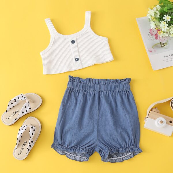 

Baby Girl Crop Cami Top With Paper Bag Waist Shorts, Blue and white