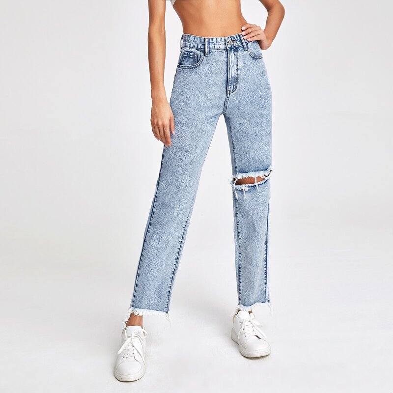 

High Waist Ripped Raw Hem Jeans, Light wash