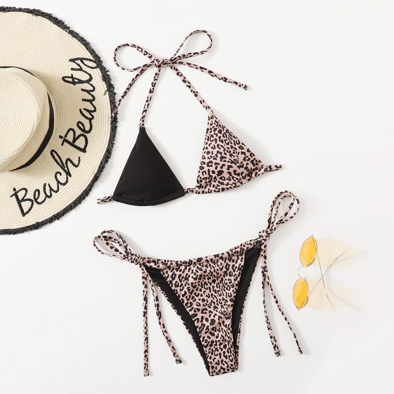

Leopard Print Tie Side Bikini Swimsuit, Multicolor
