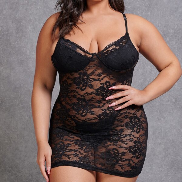 

Plus Floral Lace Slips With Thong, Black