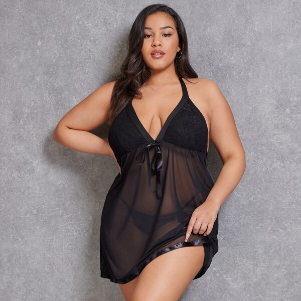 

Plus Sheer Mesh Slips With Thong, Black
