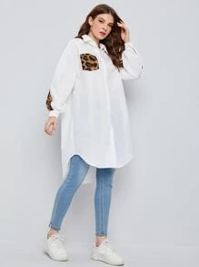 Seusyu Drop Shoulder Leopard Panel Tunic Blouse - White - View 3