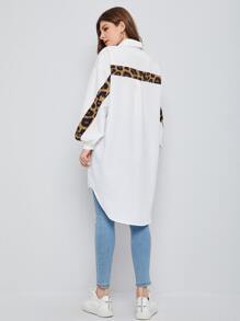 Seusyu Drop Shoulder Leopard Panel Tunic Blouse - White - View 2