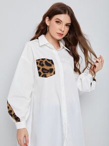 Seusyu Drop Shoulder Leopard Panel Tunic Blouse - White - View 5