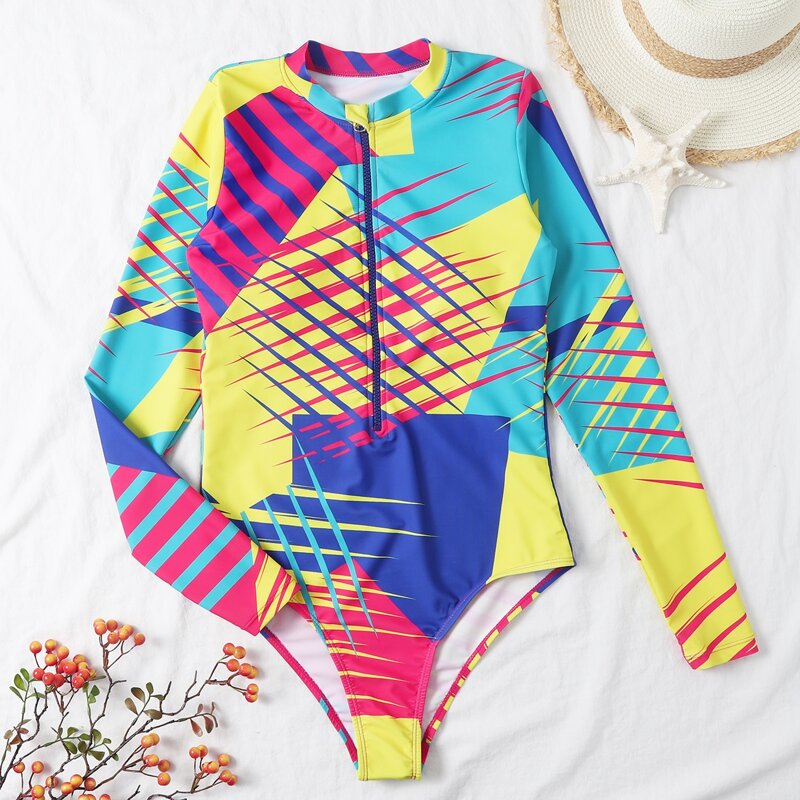 

Color Block Zip-up One Piece Swimsuit, Multicolor