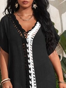 SHEIN Swim Curve Plus Size Crochet Trim Cover Up Summer - Black - View 5