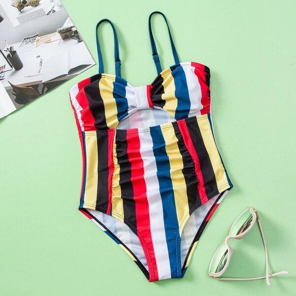 

Girls Striped Print Knot Cut Out One Piece Swimsuit, Multicolor
