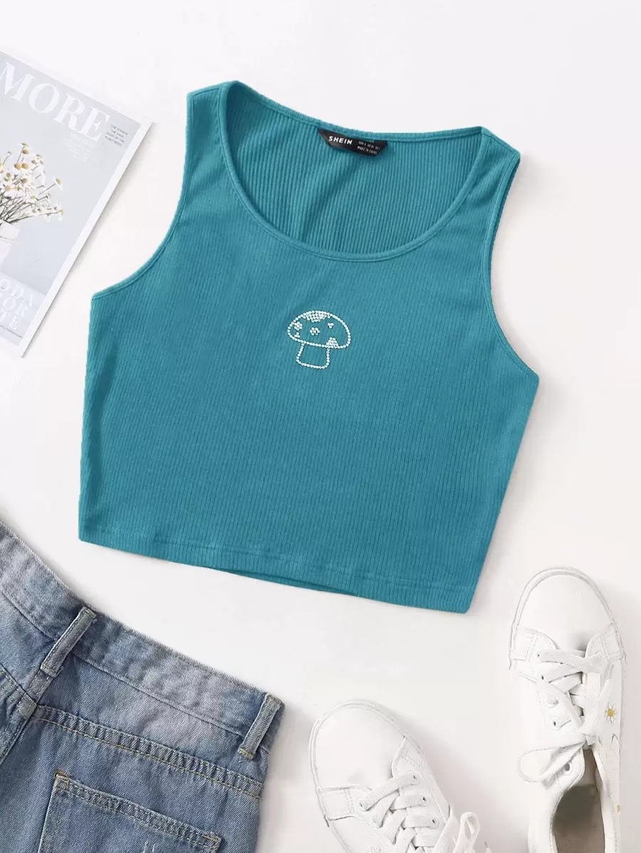 Rhinestone Mushroom Tank Top - Cadet Blue - View 1