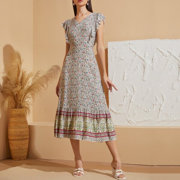 

Floral Print Ruffle Trim Dress, Multicolor