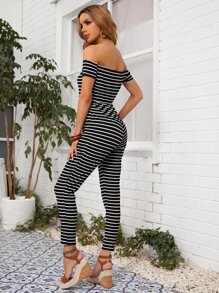 SHEIN VCAY Jumpsuit de hombros descubiertos de cintura con nudo de rayas - Blanco y Negro - Ver 2